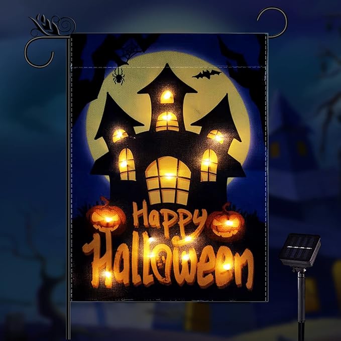 Happy Halloween Garden Flag LED Lighted Vertical Double Sided Garden Flag Halloween Castle Holiday Farmhouse Outdoor Yard Lawn Decoration 12.5 x 18 Inch