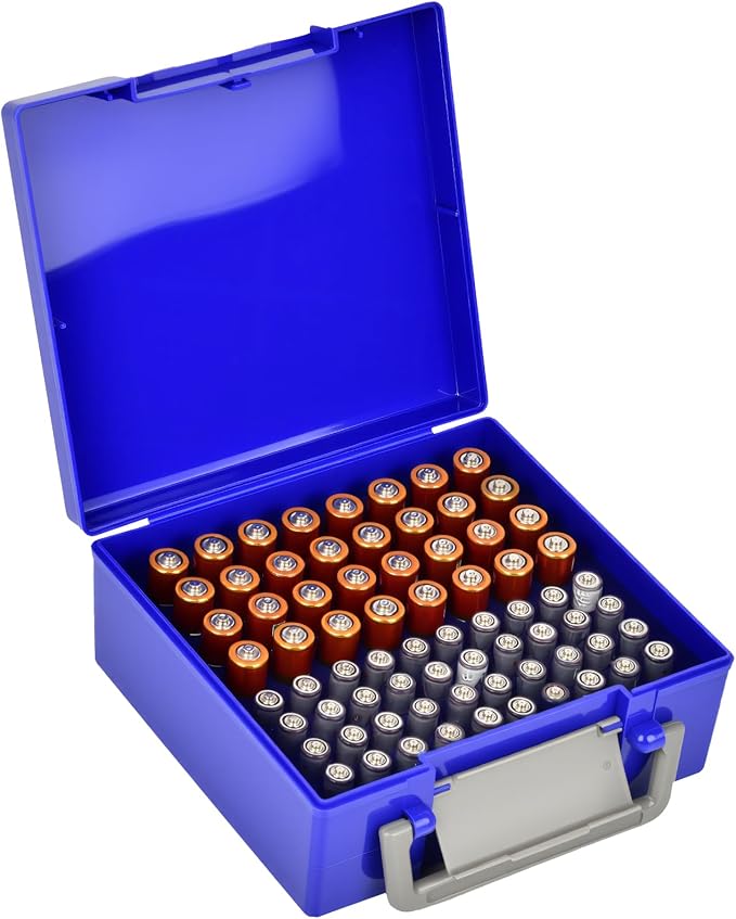 FULLCASE Battery Storage Organizer Holder Holds 72 AA AAA Batteries, Box Cases Garage Container, Home Drawer Organization Dispenser (Case Only) (Blue)
