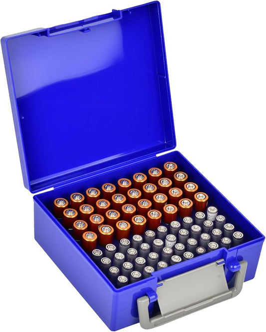 FULLCASE Battery Storage Organizer Holder Holds 72 AA AAA Batteries, Box Cases Garage Container, Home Drawer Organization Dispenser (Case Only) (Blue)