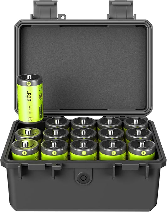 KIWIFOTOS 15 Slots D Battery Organizer Storage Case Shockproof D Cell LR20 Alkaline Batteries Holder Containers IP67 Waterproof for Household Outdoor Camping and Office All-Purpose