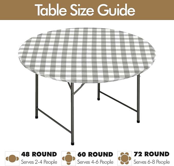 Fitable Round Vinyl Fitted Table Cover - 4 Pack Waterproof Checkered Elastic Edged Tablecloth Flannel Backed Table Cloth for Picnic Party, Silver/White (Fit for 45"-56" Round Tables)