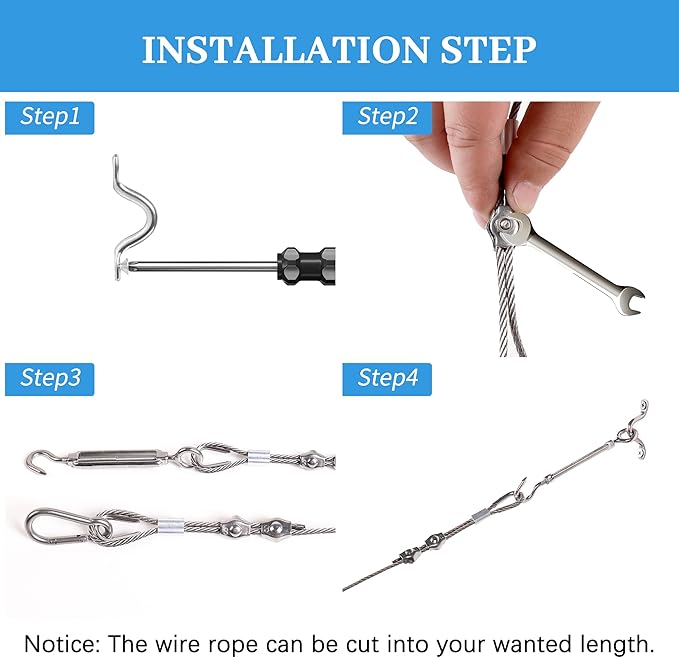 Helffer 98FT Clothesline, 304 Stainless Steel String Lights Hanging Kit, Portable Retractable Heavy Duty Cable Wire Rope, Turnbuckle Tensioner Strainer for Garage, Outdoor, Indoor, Shade Sail