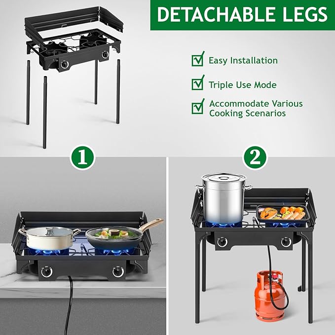 Outvita 2 Burner Propane Gas Stove for Outdoor Cooking, 150,000 BTU Camping Cooker with Windscreen for Cooking BBQ Baking Turkey Frying