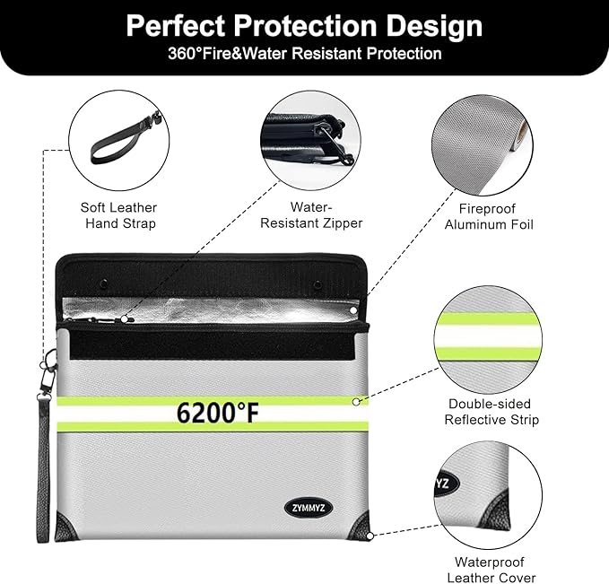 Upgraded 6200°F Fireproof Document Bag Waterproof with Zipper,9 Layers of Heat Insulated Materials,Fireproof Money Bag for Cash,Valuables and Important Documents