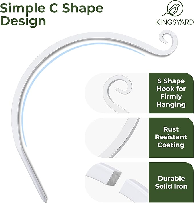 Kingsyard 2-Pack Wall Plant Hanger Outdoor - Heavy Duty Metal Decorative Hanging Bracket Hooks for Hanging Plant, Hummingbird Feeders, Lanterns, Wind Chimes Outdoor & Indoor, 8-Inch/White