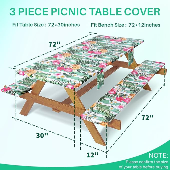 3 Piece Picnic Table Cover with Bench Covers Elastic Fitted Heavy Duty Camping Table Cloths for 6Ft Tables Camper Travel Trailer Must Haves Motorhome Garden Organization Mom Dad Birthday Gift