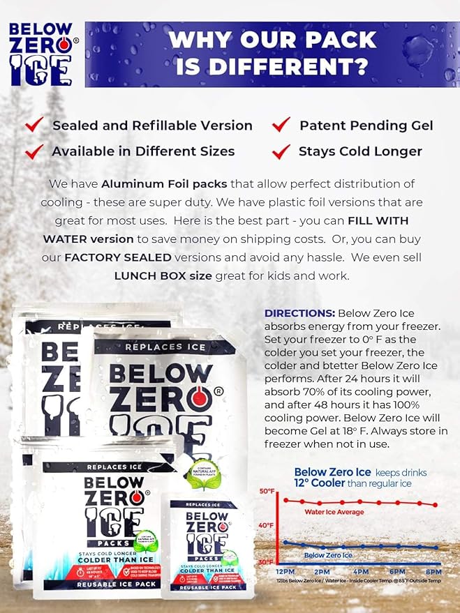 Below Zero Reusable Ice Packs for Coolers – Long Lasting Cooler Ice Pack Blocks, Leak-Proof Freezer Packs for Camping, Lunch Boxes & Travel