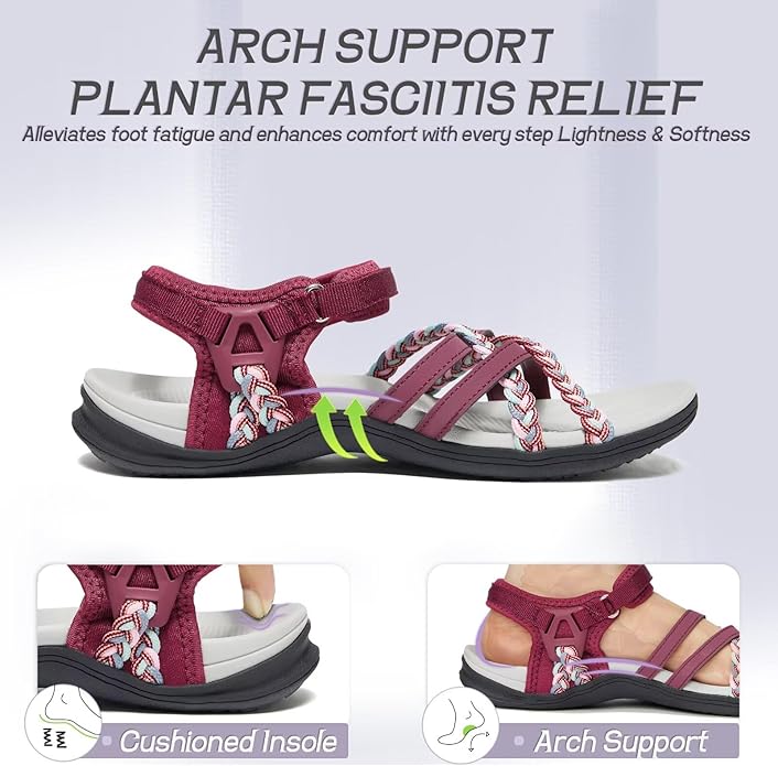 MEGNYA Hiking Sandals for Women, Arch Support Comfortable Walking Sandals Hook Loop Strap, Sports Lightweight Slides