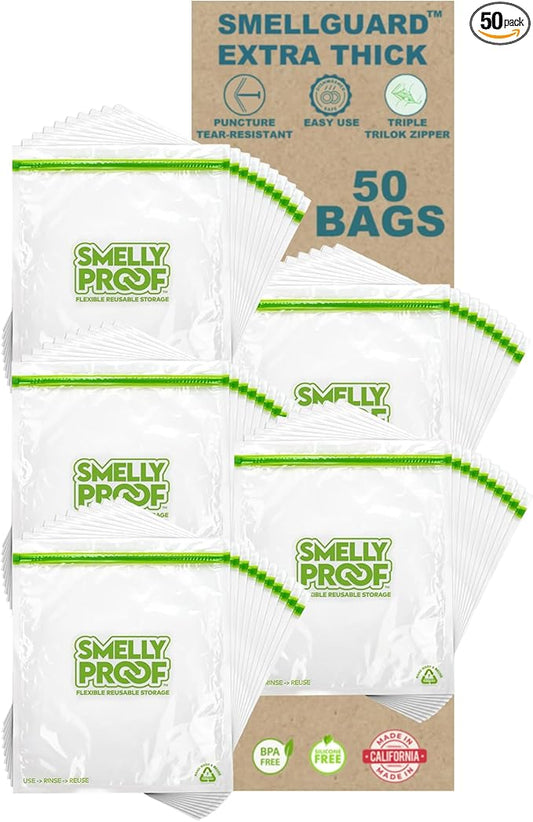 Smelly Proof 50pk Reusable Food Storage Bags - Made in USA, Dishwasher-Safe, BPA FREE, NO PEVA, XL Clear FLAT 10.5" x 12"