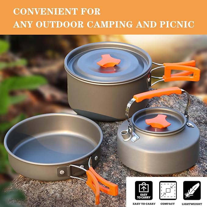 Camping Cooking Set Camping Cookware Outdoor Aluminum Mess Kit with Frying Pan, Pot with Lid, 1.2L Kettle Set and 2 Stainless Steel Plate, 2 Folding Cups and 2 Set Knives Spoons for Backpacking Picnic