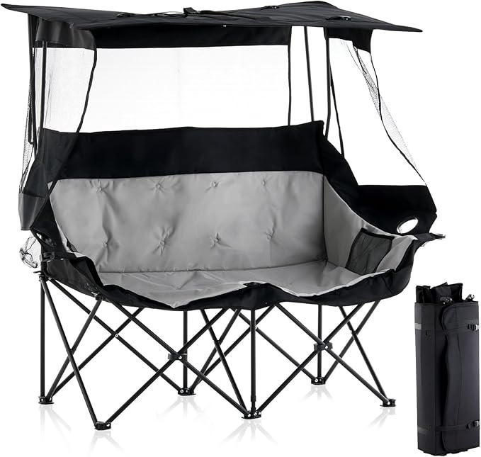 CLIPOP Double Camping Chair with Canopy, Portable Outdoor Folding Chair with Cup Holders, Side Pocket, Oversized Beach Chair with Canopy Shade for Lawn Patio Hiking, Black