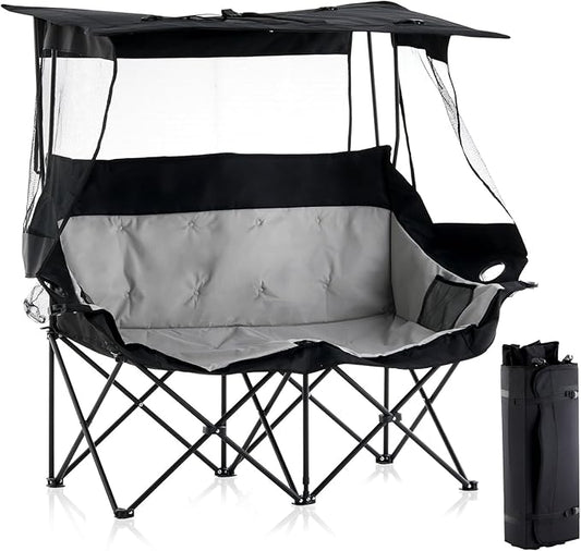 CLIPOP Double Camping Chair with Canopy, Portable Outdoor Folding Chair with Cup Holders, Side Pocket, Oversized Beach Chair with Canopy Shade for Lawn Patio Hiking, Black