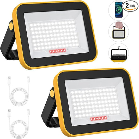 2 Pack Work Light Portable SMD LED Super Bright Rechargeable Flood Light Working Lamp Stand USB Cordless Battery Powered Worklight Tool for Outdoor Camping
