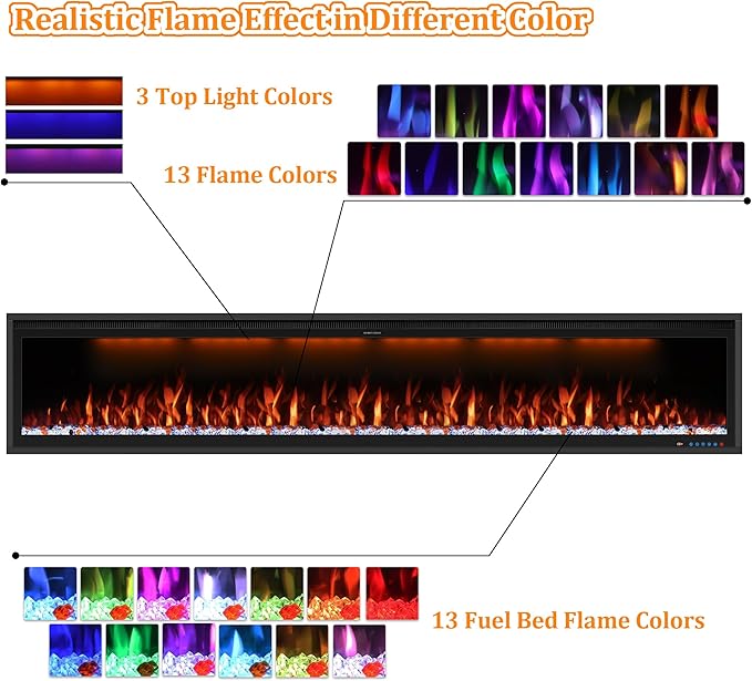 Benrocks 88'' Smart Electric Fireplace Inserts, WiFi-Enabled Recessed & Wall Mounted Fireplace, 13 * 13 * 3 Color Combinations, App Control Fireplace Heater, Timer, Logs & Crystals 750/1500W Black