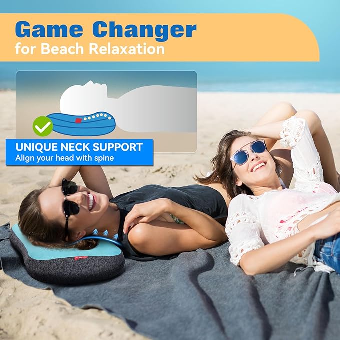 Hikenture Beach Pillow for Sand, Washable Inflatable Pillows for Pool, Portable Camping Pillows with Removable Cover, Soft Air Sand Pillow Built-in Sandbag for Backpacking, Beach Chair