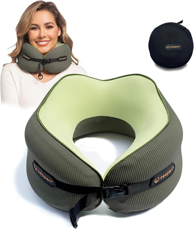 Cesperi® Travel Neck Pillow for Airplanes, Ergonomic Design, Airplane Neck Pillow with Memory Foam, Travel Essentials for Flights, Car Rides, and Home Rest, M Size, 130-200LB (Avocado Green)