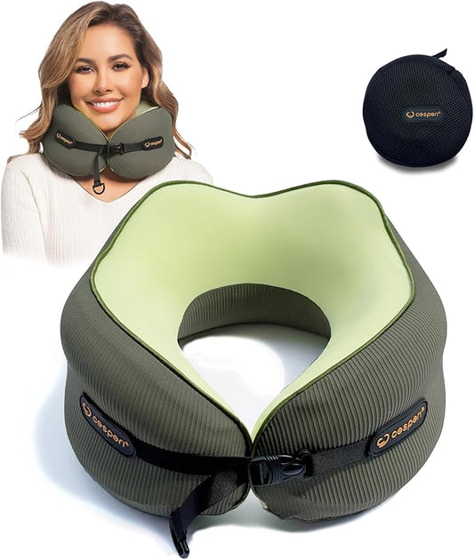 Cesperi® Travel Neck Pillow for Airplanes, Ergonomic Design, Airplane Neck Pillow with Memory Foam, Travel Essentials for Flights, Car Rides, and Home Rest, M Size, 130-200LB (Avocado Green)