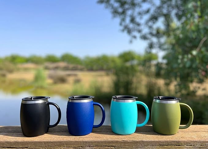 Stainless Steel Insulated Coffee Mugs Set of 2 (14oz) Double Wall Coffee Cups With Spill Resistant Lid & Handle – Shatterproof Cups for Cold & Hot Drinks for Indoor & Outdoor Use (Aqua Blue)