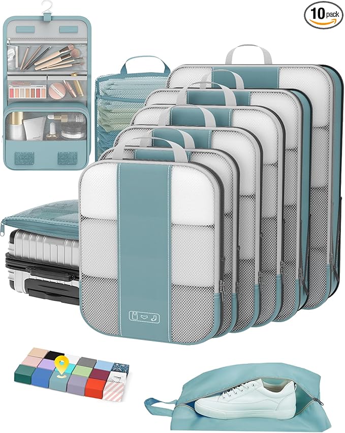 10 Set Compression Packing Cubes for Travel Essentials,Compressible Expandable Packing Cubes for Suitcase,OlarHike Luggage Organizer Bags for Travel,Handy Helper for Organizing Clothes(Blue Gray)