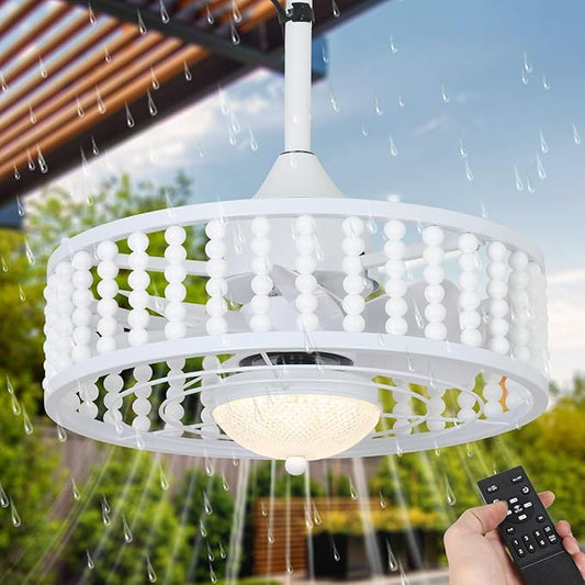 Outdoor Ceiling Fans with Lights and Remote, Waterproof LED Dimmable Ceiling Fan, Reversible, 3CCT, 6 Wind Speeds, White Plug in Ceiling Fan, Farmhouse Boho Hanging Gazebo Fan for Patios Porch Indoor