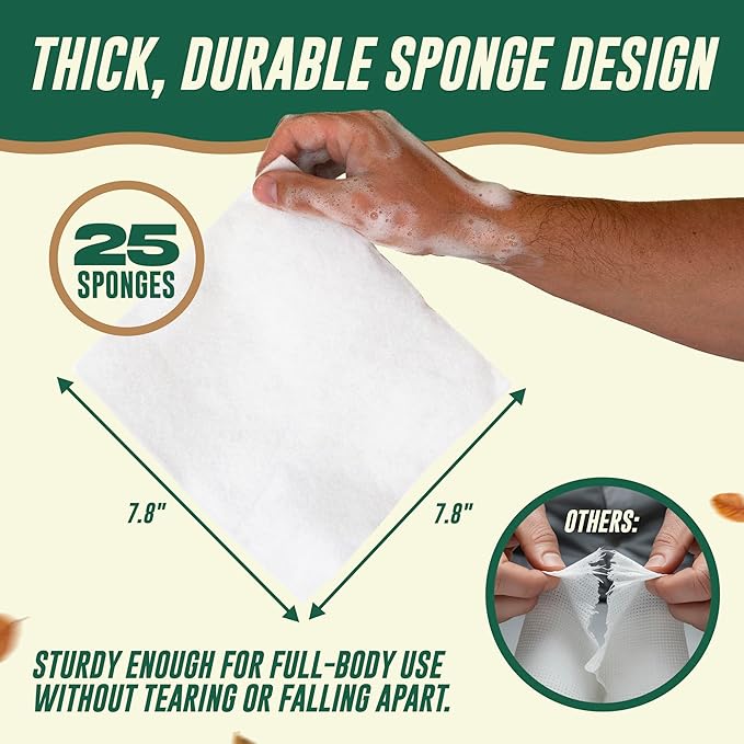Disposable No Rinse Bathing Wipes – Rinse-Free Sponge Bath for Adults & Kids - Thick Body Wipes with Aloe for Camping, Hiking, Travel, Backpacking, Outdoor & Off-Grid Use – (25 Pack)