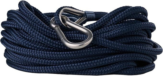RainierSupplyCo Boat Anchor Rope - Double Braided Marine Rope Anchor Line - 50 ft x 3/8 Inch Nylon Boating Line with 316 Stainless Steel and Heavy Duty Marine Grade Bow Shackle - Navy Blue