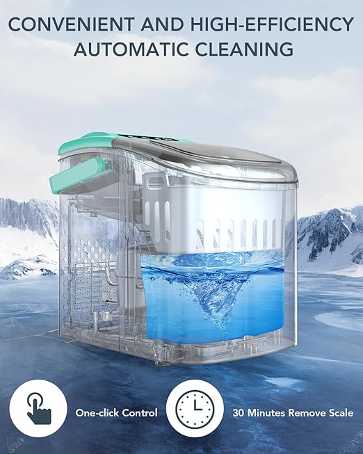 Ice Maker Countertop, Efficient Easy Carry Ice Machine, Self-Cleaning Ice Maker with Ice Scoop & Basket, 9pcs/ 8mins 26.6Lbs Per Day for Home/Office/Kitchen,Green