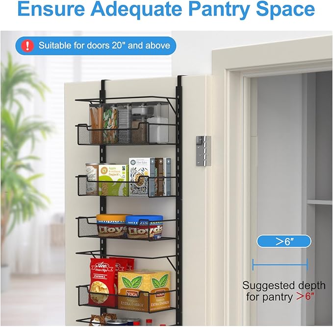 Over the Door Pantry Organizer, 6-Tier Over the Door Organizer with Adjustable Basket, Pantry Door Organization for Pantry Kitchen Storage Room Spice Rack, Black