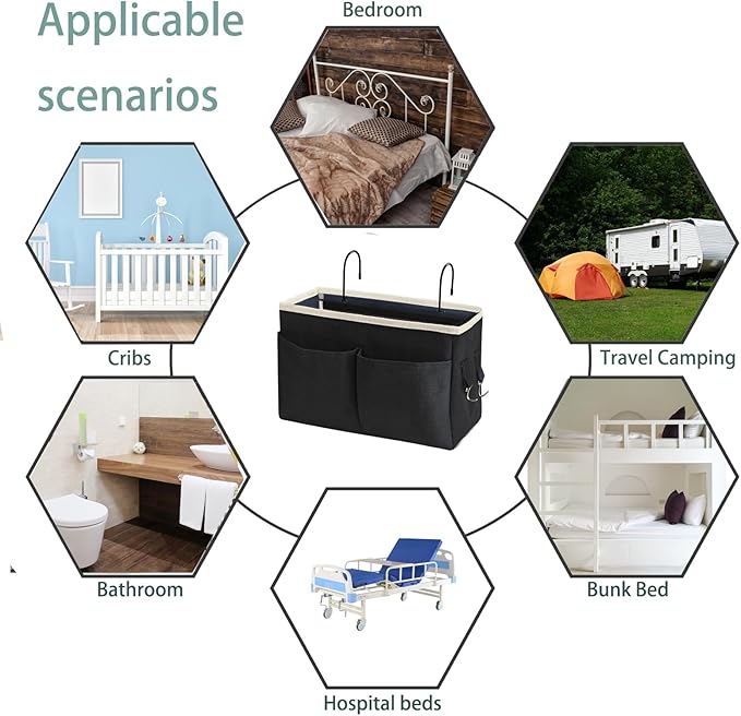 Bedside Caddy Bedside Hanging Storage Basket Multi-Function Organizer Caddy for Bunk and Hospital Beds Dorm Rooms Bed Rails, Can be Placed Glasses Books Mobile Phones（Black）