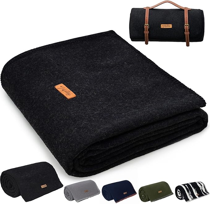 100% Wool Blanket, 62" x 86", Warm, Thick, Washable, Military Wool Blanket, Great for Camping, Outdoors, Sporting Events, Survival Kits,Carbon Black