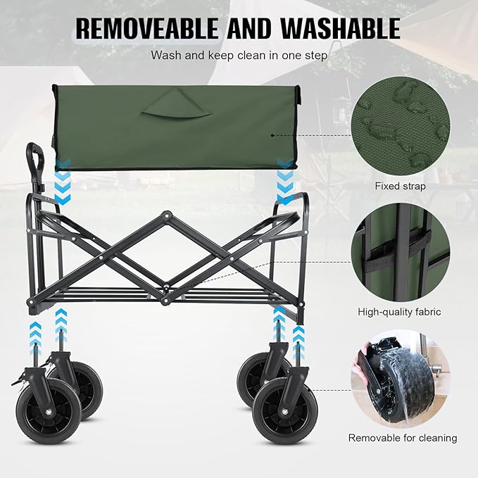 Beach Wagon with Big Wheels for Sand,Collapsible Folding All Terrain Utility Wagons Carts Foldable with Brakes for Sand Camping Sports Outdoor.