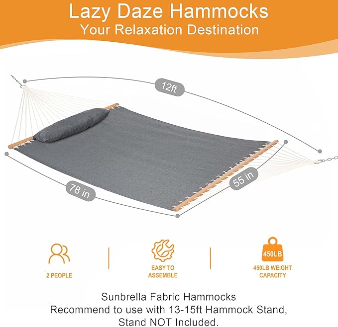 Lazy Daze 12 FT Sunbrella Fabric Hammock not Fading with Spreader Bars and Free Pillow Fits for Two Persons, All Weather and Fade Resistant for Patio Yard, 450 lbs Weight Capacity,Cast Slate