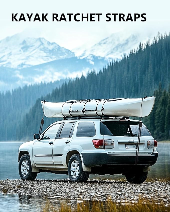 Kayak Tie Down Straps Ratchet, Kayak Straps for Secure Canoe to Roof Racks, Hiking Camping, Boating & Water Activities, Heavy Duty Ratchet Pulley Rope Hanger Kayak Accessories 2-Pack 1/4" 12FT