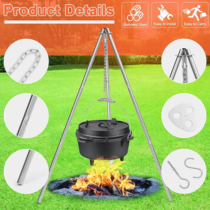 HaSteeL Camping Tripod for Outdoor, Adjustable Portable Cooking Tripod with 17”Folding Grill Grate, Stainless Steel Campfire Grill Stand Hanger for Dutch Oven Hunting Beach BBQ Fire Pit, Easy Assemble
