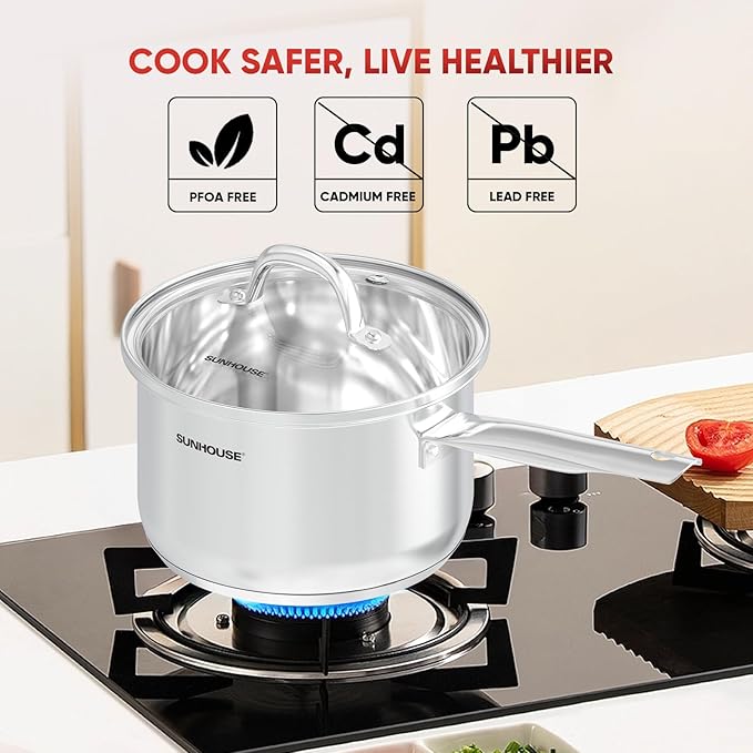 Sunhouse – 3 Quarts Stainless Steel Sauce Pan with Lid - PFOA-FREE, Stainless Steel Sauce Pan, Induction base, Stay-Cool Handle, Compatible with All Cooktops Gas, Geramic, Electric etc.