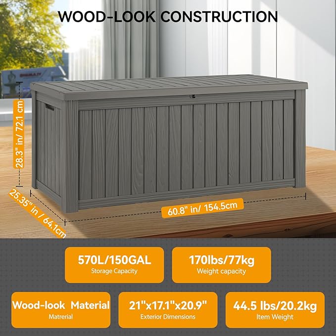 NUNU LAB 150 Gallon Outdoor Storage Box,Resin Large Sturdy Deck Box, Backyard Outside Storage Box Waterproof with Double Wall Panels,Package Delivery,Garden Outdoor Hose Bin