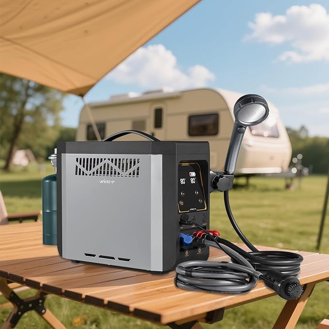 Portable Propane Water Heater for Camping Shower, Built-in 4000mAh Rechargeable Battery with Thermostatic Control and Overheating Protection, Tankless Water Heater for Outdoor Shower with Pump
