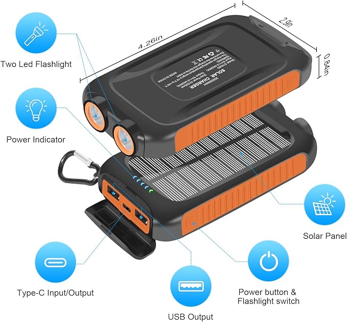Solar Charger Power Bank 20000mAh, Portable Charger External Battery Pack 5V/3A Type C Input Output Dual Built-in Bright Flashlights, Outdoor Battery Pack for Cell Phones, Camping, Hiking, Emergency