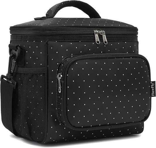 FlowFly Insulated Reusable Lunch Bag Adult Large Lunch Box for Women and Men with Adjustable Shoulder Strap,Front Zipper Pocket and Dual Large Mesh Side Pockets,Dot