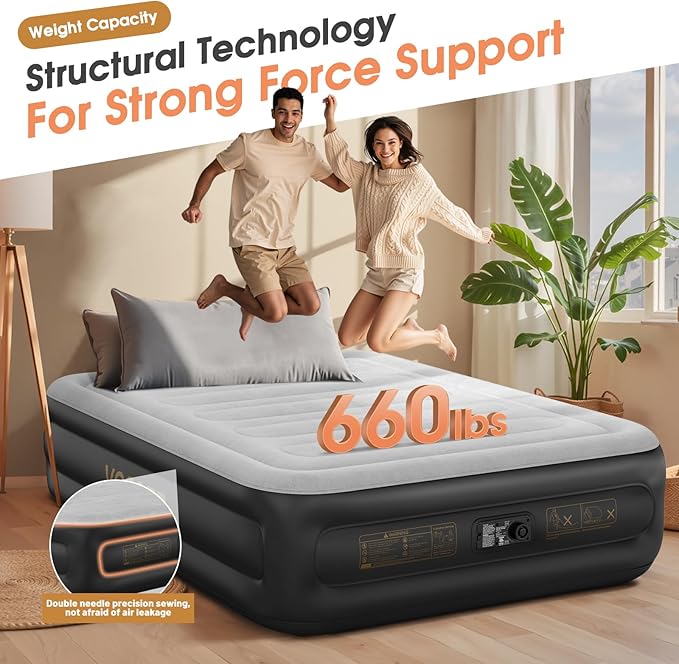 Air Mattress Queen with Built in Pump,20'' Inflatable Mattress 2 Mins Self-Inflation/Deflation,Thicker Blow up Mattress Leak-Proof,Flocked Top Air Bed with Storage Bag for Home, Camping & Guests