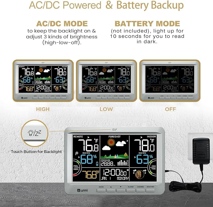 Weather Station Wireless Indoor Outdoor Thermometer with Heat Dew Mold, Thermometer Inside Outside with Calendar and 3 Adjustable Backlight Grey