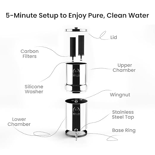 Gravity Water Filter System 2.25 Gallons NSF Certified - AISI 304 Stainless Steel Countertop Water Filtration with 2 Smart (Black) Carbon Filter Elements & Stainless Steel Water Spigot