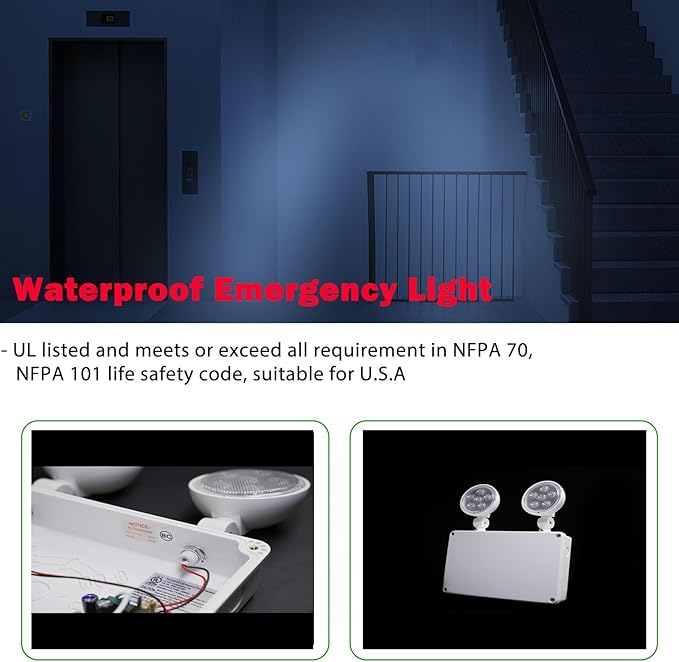 Waterproof LED Emergency Light, White housing, Dual Rotational LED Emergency Light with Backup Battery, Commercial Grade, Fire Resistant，Suitable for Wall Mount, Wet Location WMU