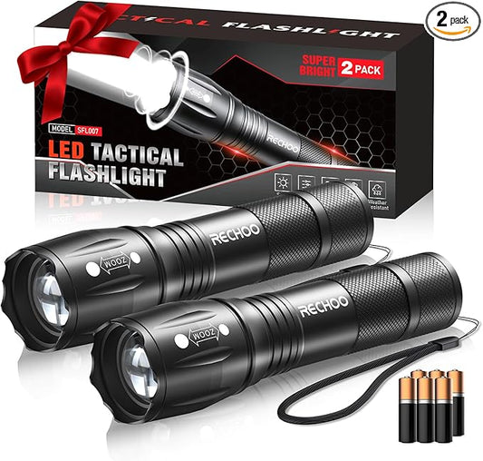 RECHOO LED Flashlight 2 Pack, Tactical Flashlights High Lumens with 3 Modes, Pocket Small Flash Light, Waterproof Zoomable Flashlights for Home Emergency, Camping Essentials (Battery Included)