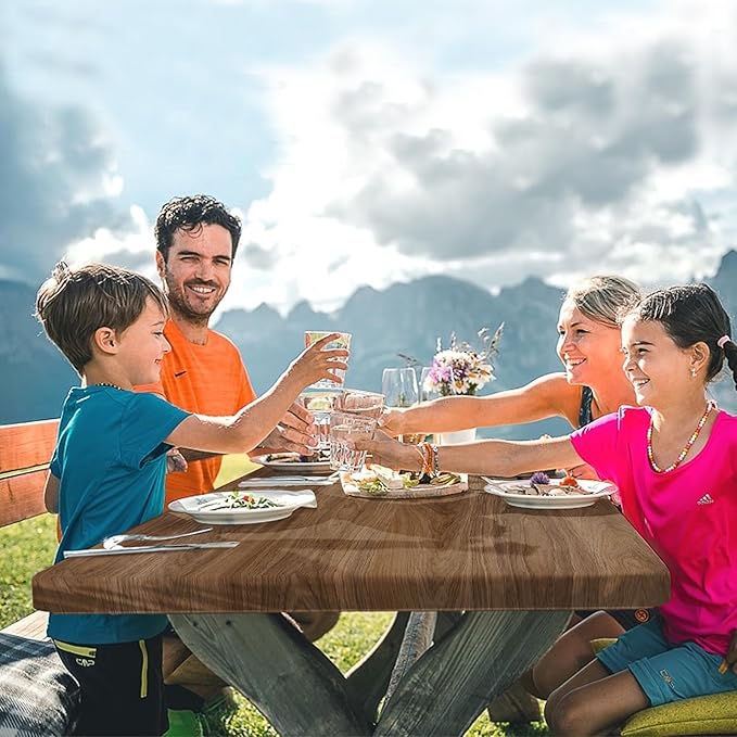 Picnic Table Cover with Bench Covers Elastic Edges, Wooden Brown Fitted Table Cover, Outdoor Patio Camping Essentials 72 Inch 3PCS, Waterproof Camping Fitted Tablecloth with Drawstring Bag