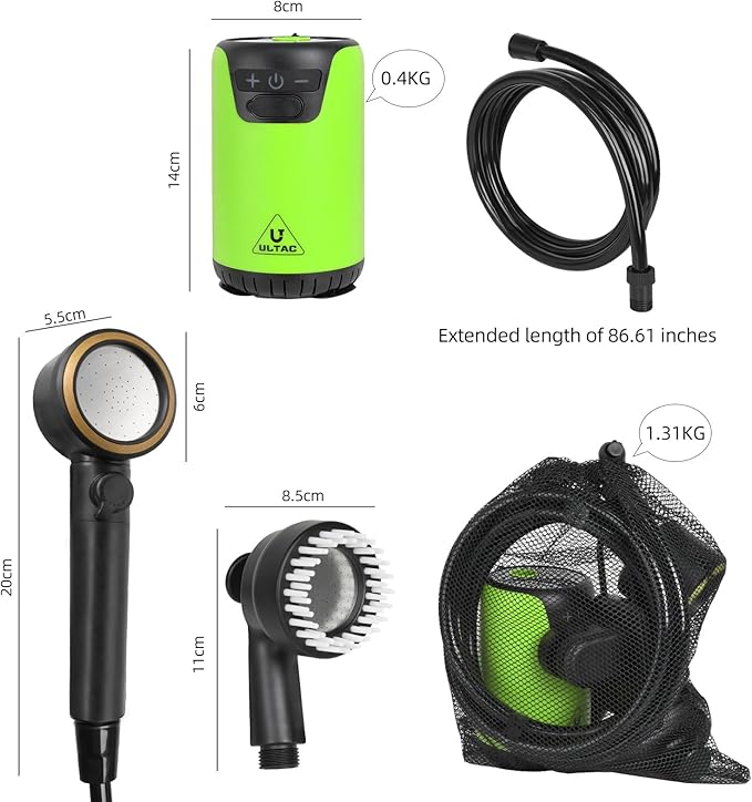 Portable Shower for Camping, 10000mAh Outdoor Electric Shower Pump Rechargeable IPX7 Waterproof Camp Shower with LED Display and 2 Head Nozzle for Camping, Hiking, Travel, Car, Pet