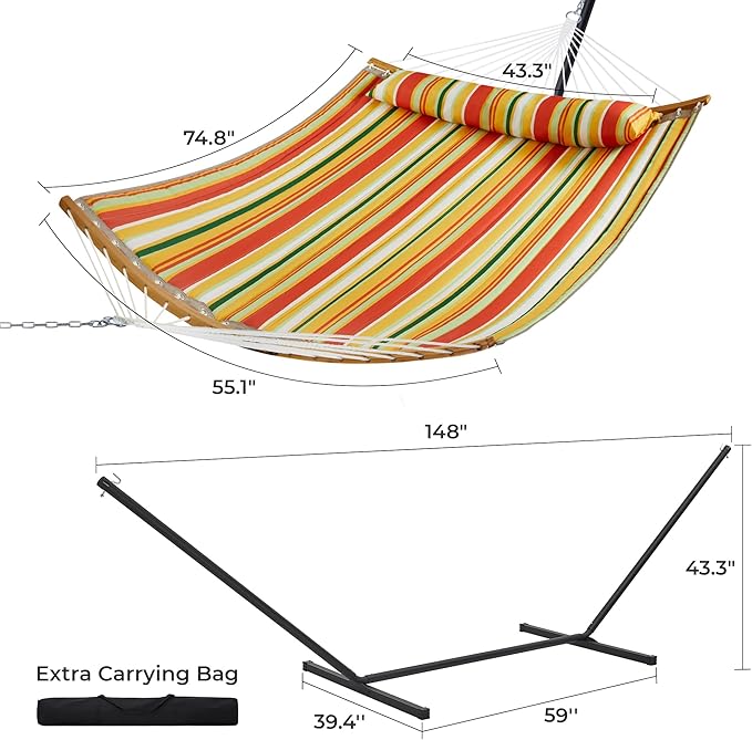 SUPERJARE Hammock with Stand, 2 Person Heavy Duty Hammock with Padded Cotton, Detachable Pillow & Strong Curved-Bar & Portable Carrying Bag, Perfect for Outdoor & Indoor, Orange with Stripes