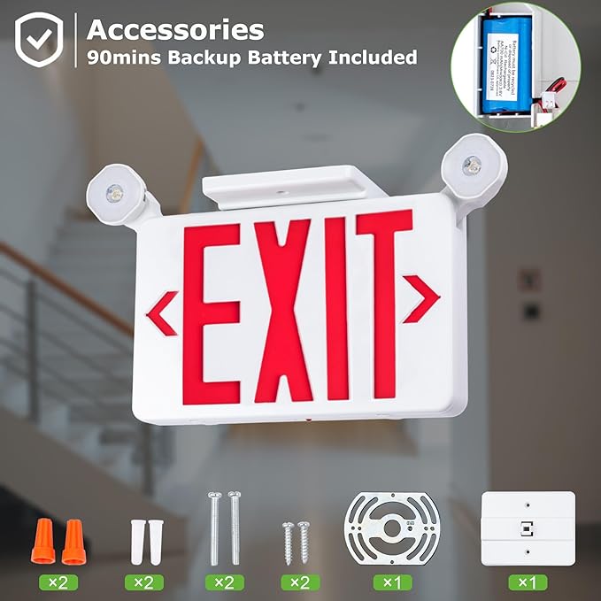 Gruenlich Red Exit Sign with Emergency Lights, 2 Adjustable LED Heads and Backup Battery, UL 924, AC 120/277V, Commercial Hardwired Exit Light for Business, 12 Pack
