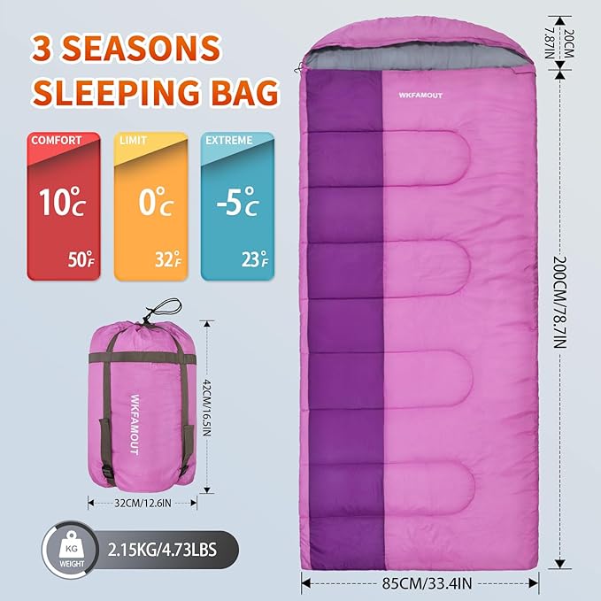 XL 10 Degree Sleeping Bags Waterproof for Adults 350GSM Machine Washable with Compression Sack for 3-4 Season Camping Outdoor