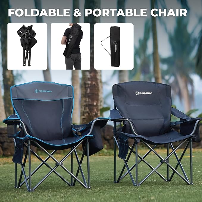 FUNDANGO Oversized Camping Chair for Adults, Heavy Duty Foldable Portable Lawn Chair with Padded Seat & Back, 4-can Cooler & Cup Holder, Carry Bag Included for Outdoor (Black/Grey)